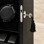 Close-up of the lining and hardware of the 8-watch winder cabinet
