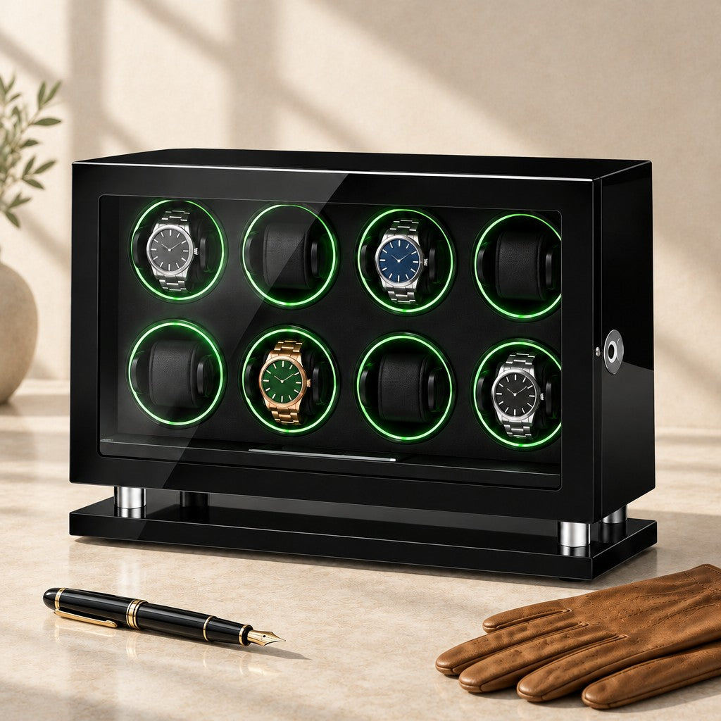 8-watch winder cabinet beside a fountain pen and leather gloves