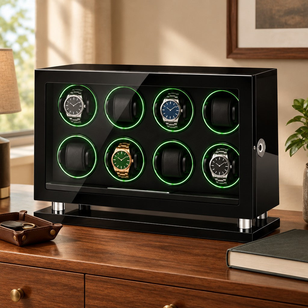 8-watch winder cabinet on a wooden chest of drawers beside a valet tray and a book