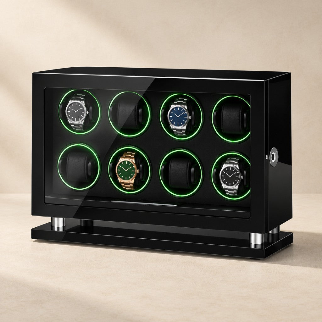 Gloss-black 8-watch winder cabinet with green LED rings and four watches