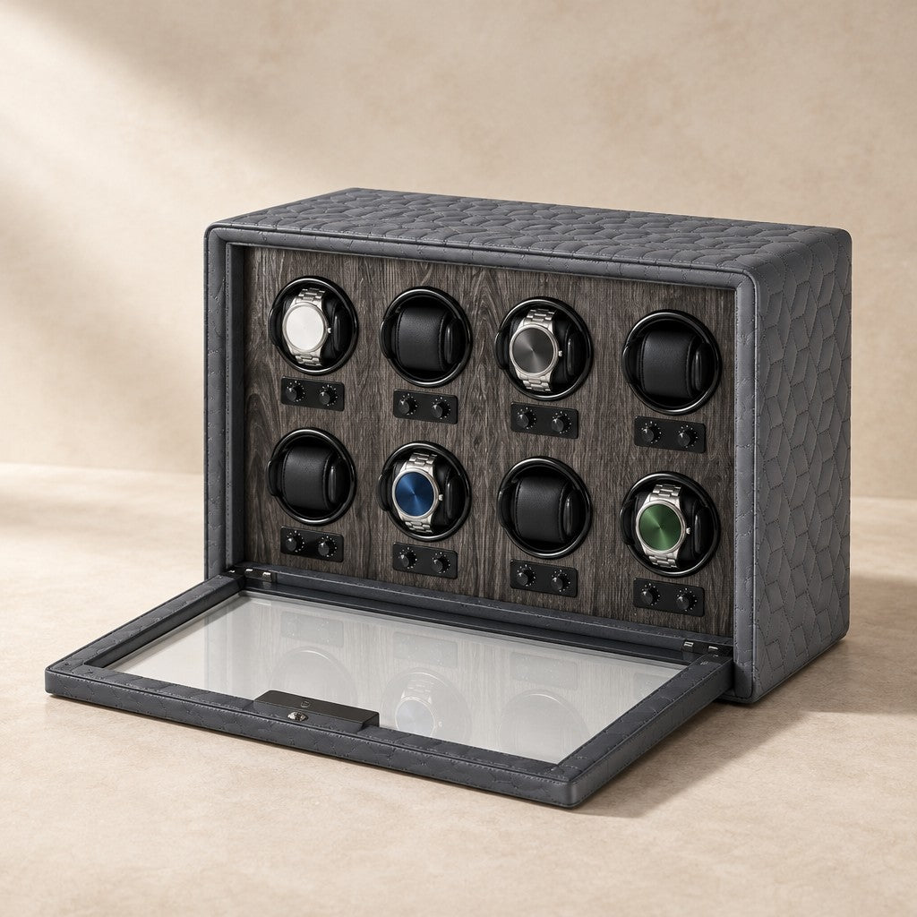Grey textured-leather 8-watch winder case with the glass front lowered and four watches