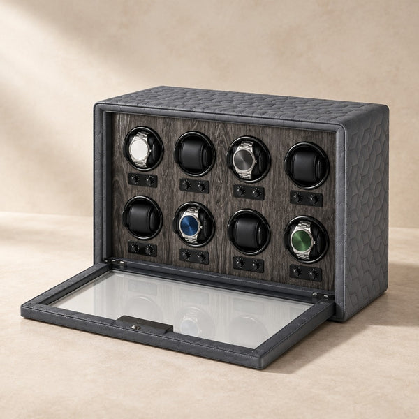 8-Watch Winder Case in Grey Textured Leather