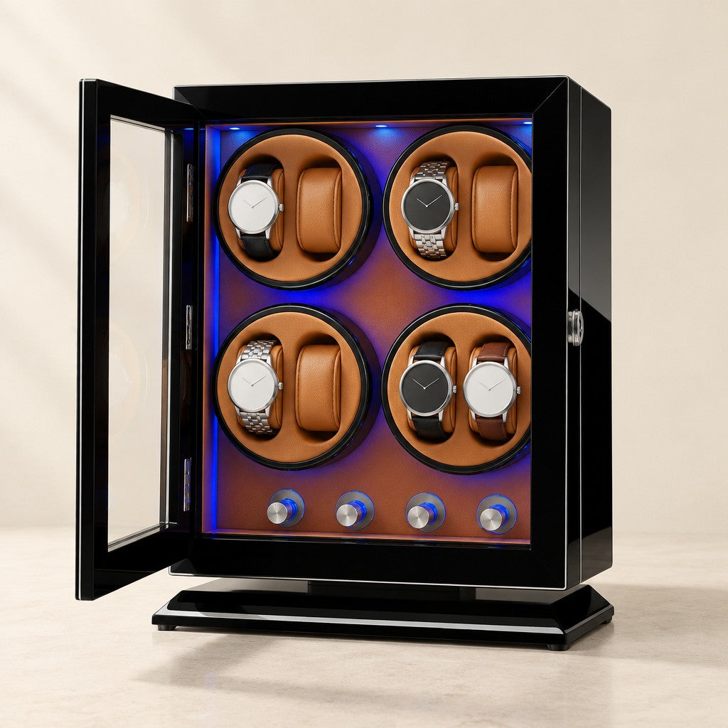 Black piano-lacquer 8-watch winder with brown interior, door open
