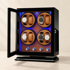 Black piano-lacquer 8-watch winder with brown interior, door open