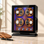 Black 8-watch winder cabinet closed, beside a fountain pen and leather gloves