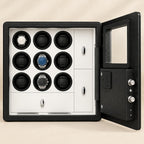 Front view of the nine winders with watches of different sizes