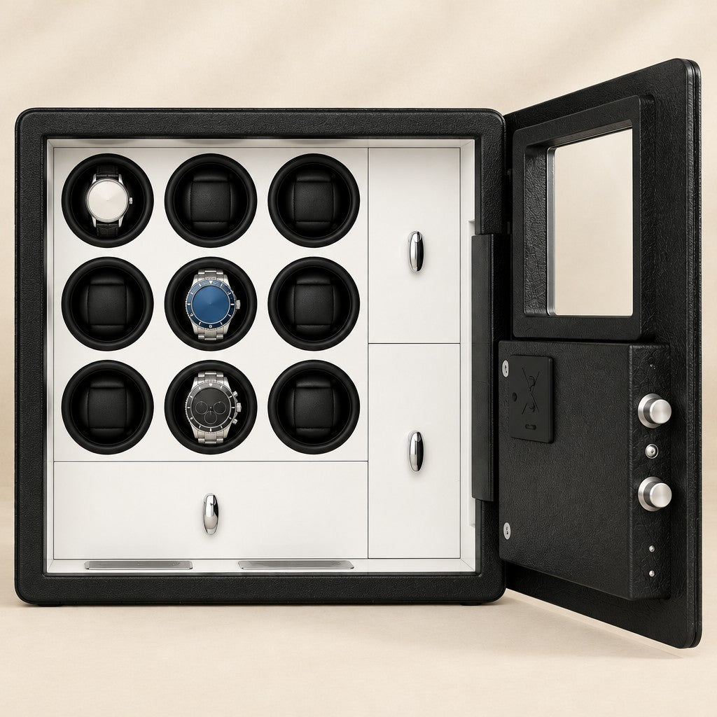 Front view of the nine winders with watches of different sizes