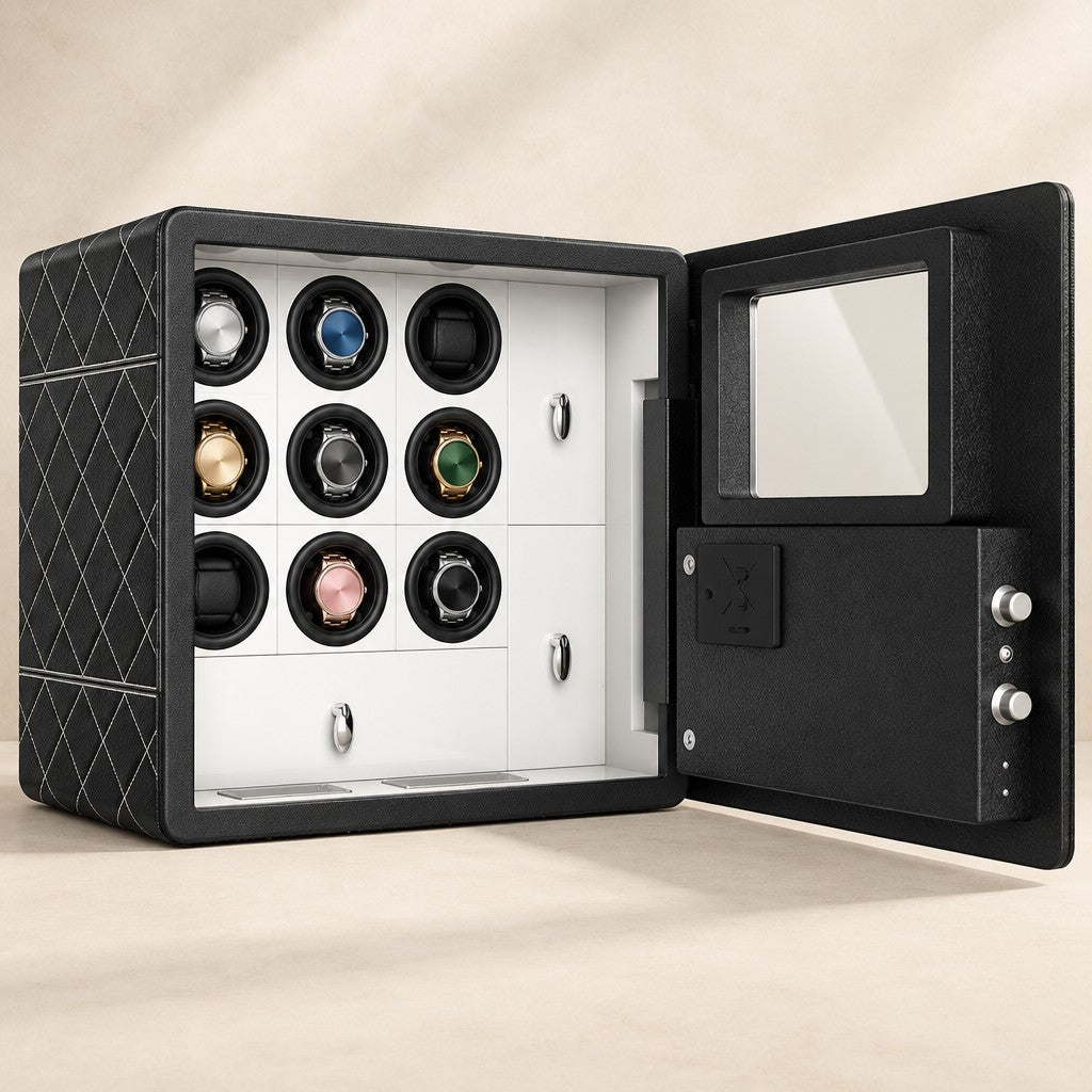 Compact steel watch winder safe open, with nine winders and a white interior