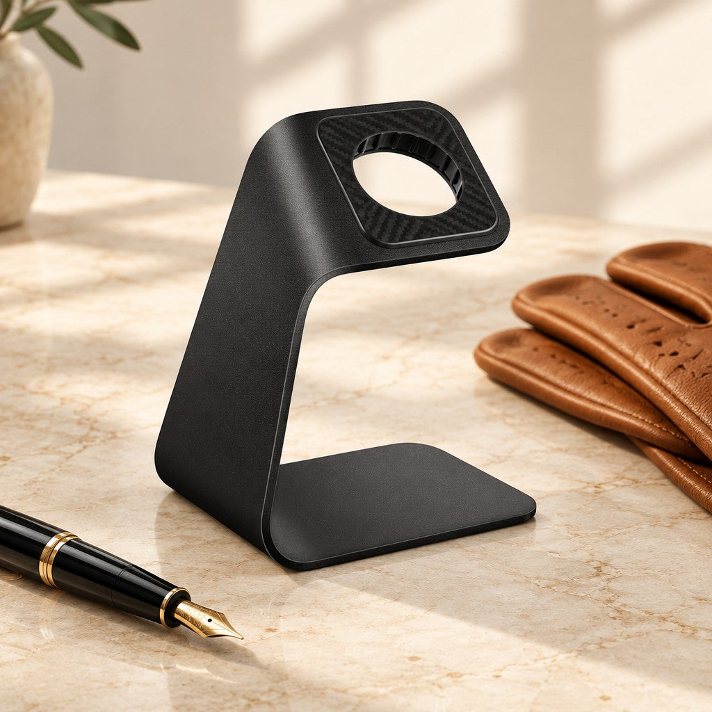 Aluminum charging cradle beside a fountain pen and leather gloves