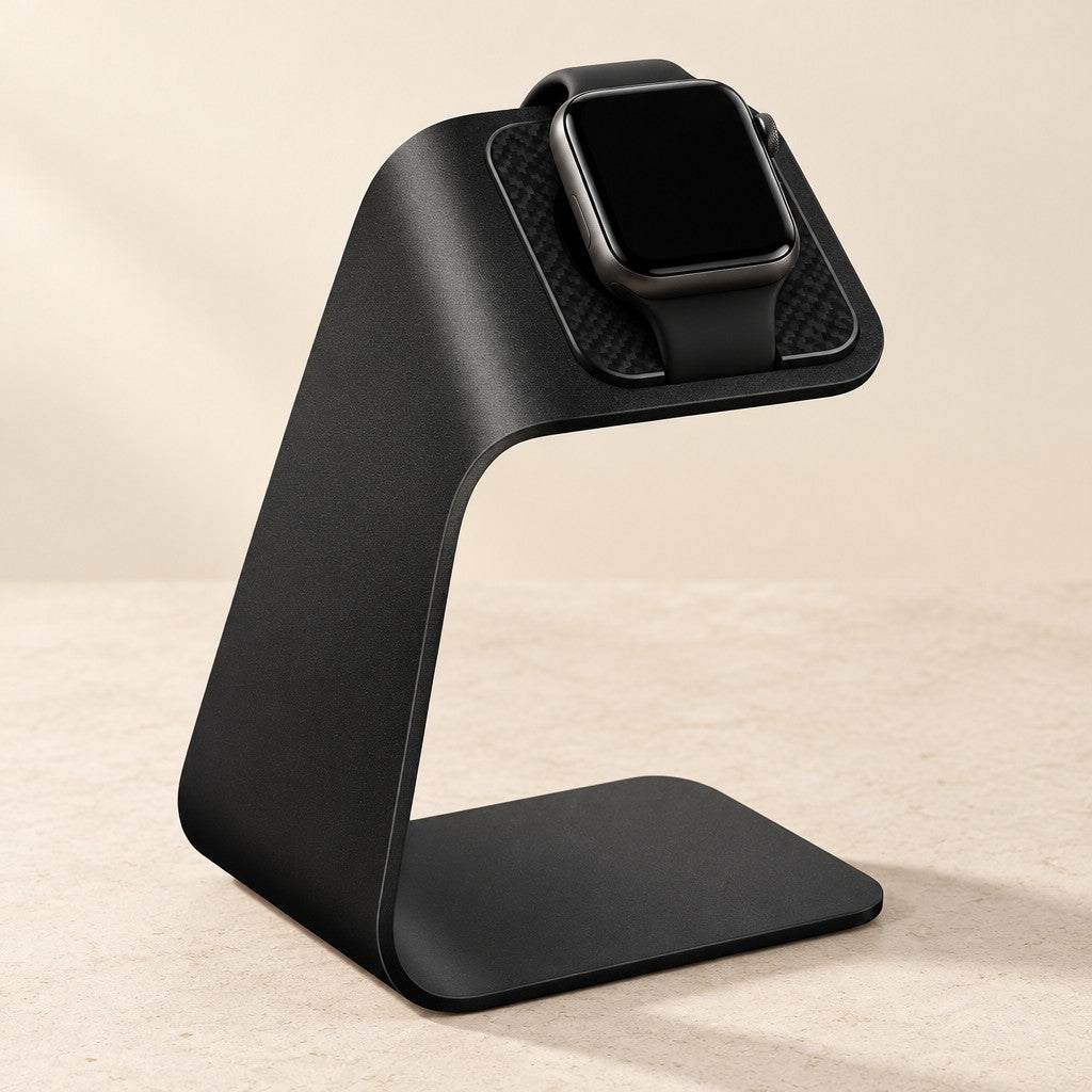Aluminum charging cradle with a watch, three-quarter view