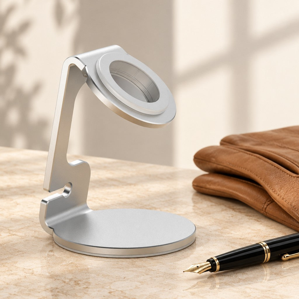 Aluminum charging stand beside a fountain pen and leather gloves