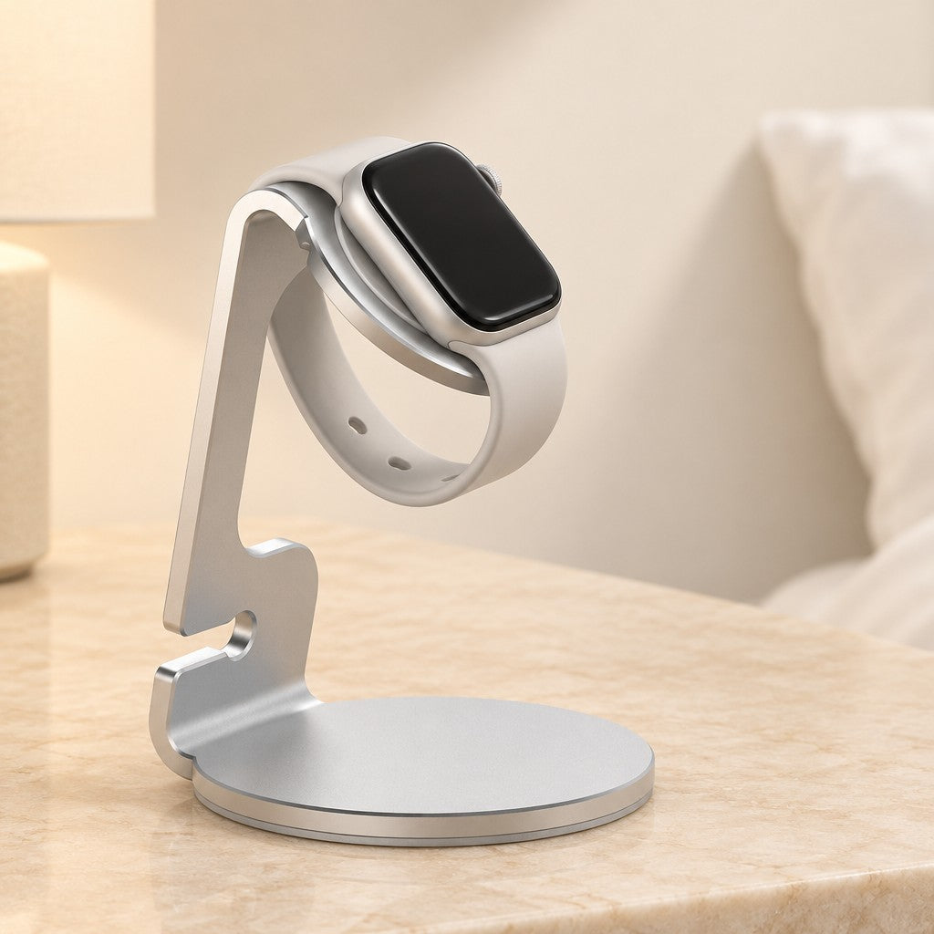 Aluminum charging stand with watches of different sizes