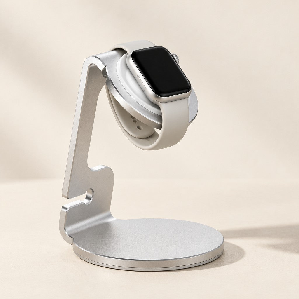 Aluminum charging stand with a watch, three-quarter view