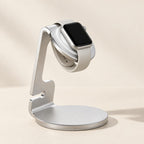 Aluminum charging stand with a watch, three-quarter view