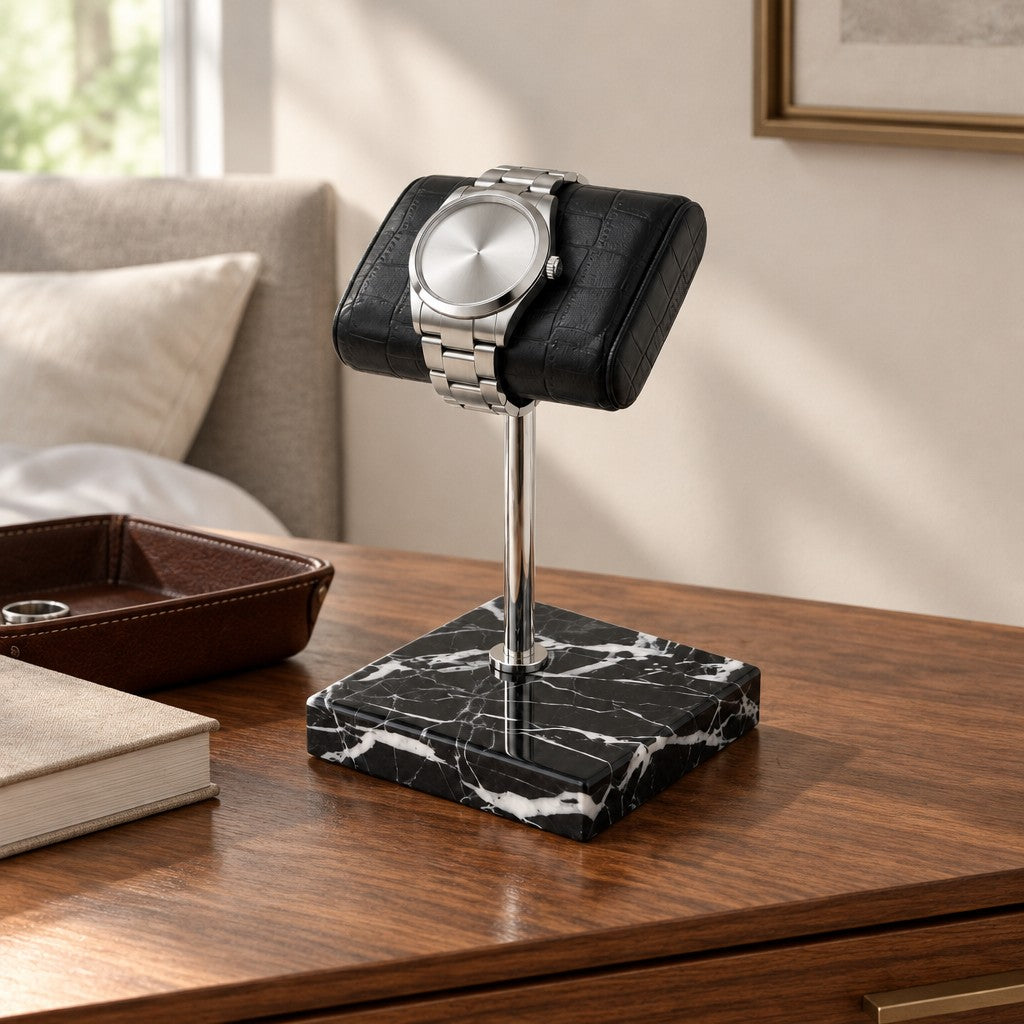 Natural Black Marble Watch Stand with Genuine Leather Pillow on a chest of drawers, for scale