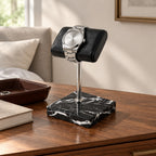 Natural Black Marble Watch Stand with Genuine Leather Pillow on a chest of drawers, for scale