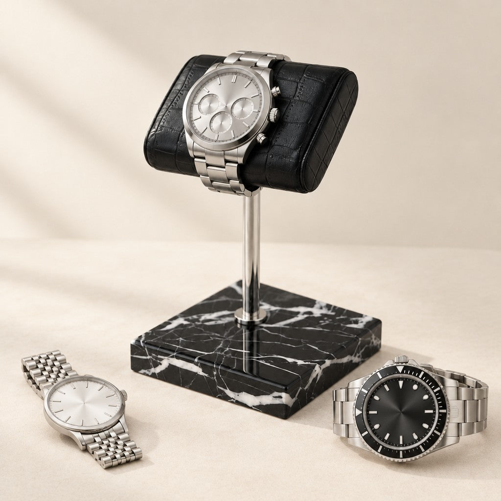 Natural Black Marble Watch Stand with Genuine Leather Pillow with watches of different sizes