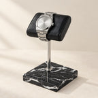 Black marble watch stand with a croc-embossed genuine cowhide pillow