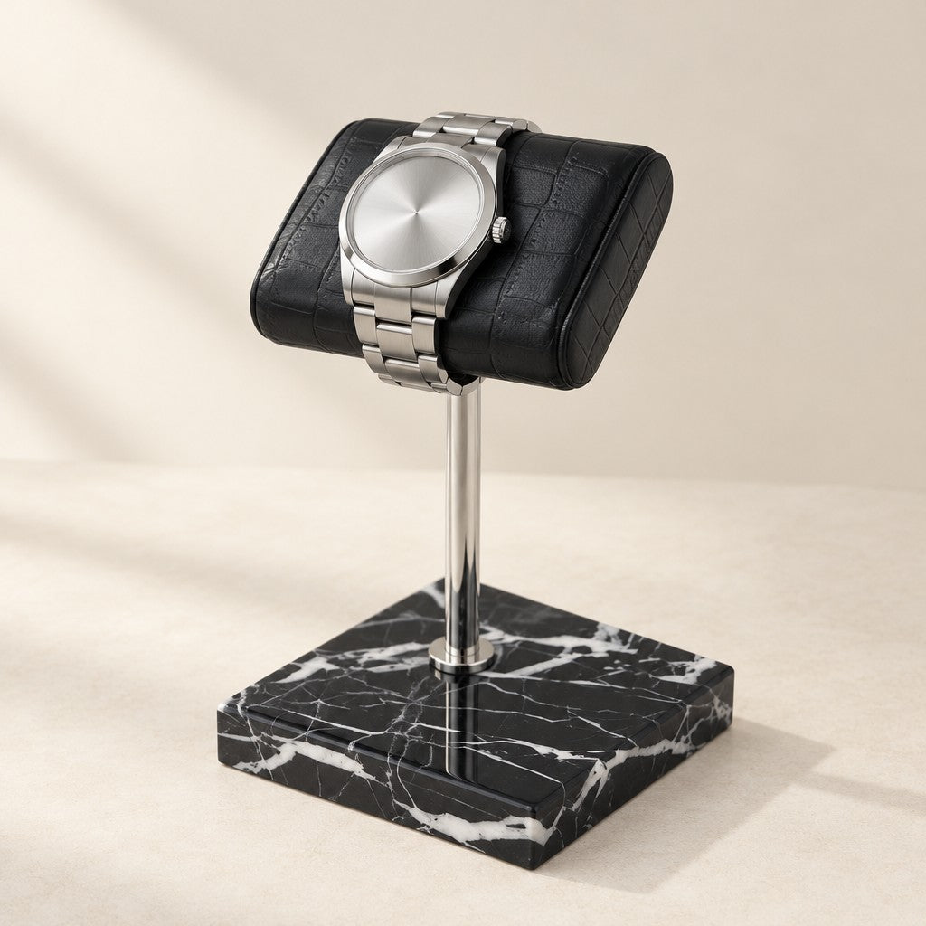 Black marble watch stand with a croc-embossed genuine cowhide pillow