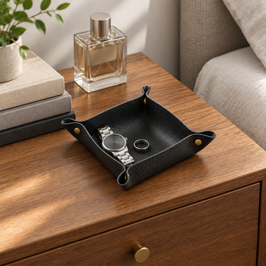 Black valet tray on a nightstand, for scale