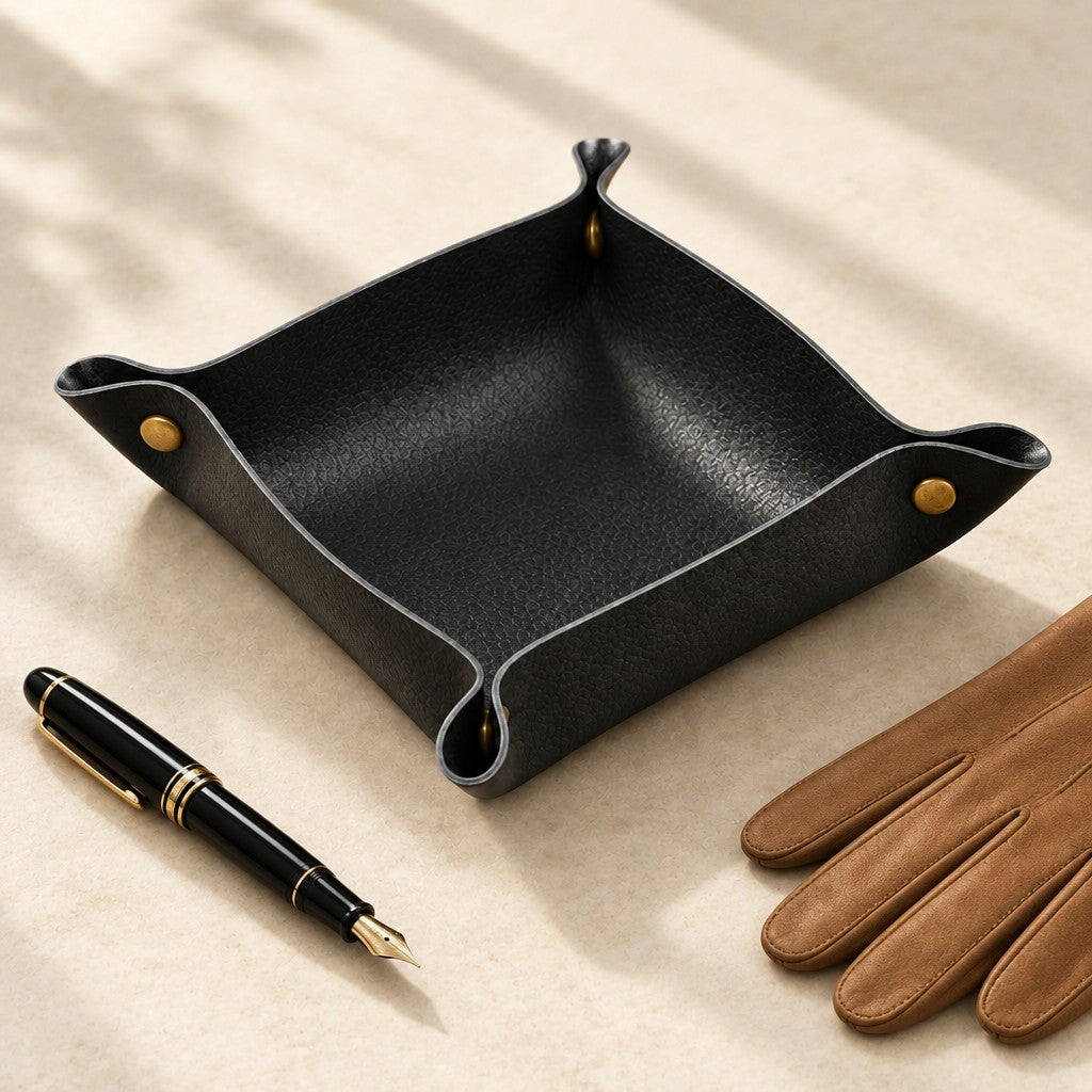 Empty black valet tray beside a fountain pen and leather gloves