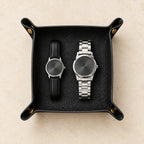 Top view of the black valet tray with a 36 mm and a 40 mm watch