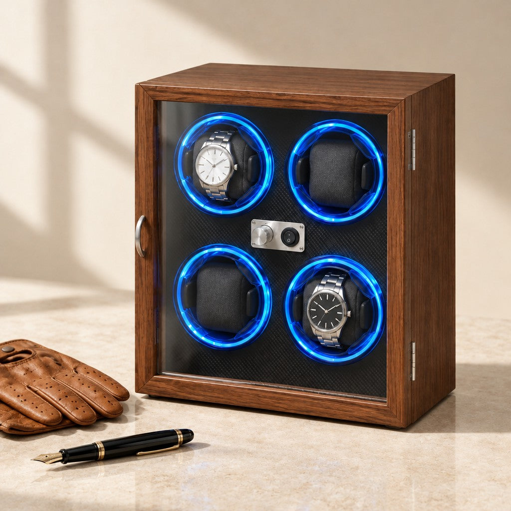 Walnut-finish winder cabinet closed, beside a fountain pen and leather gloves