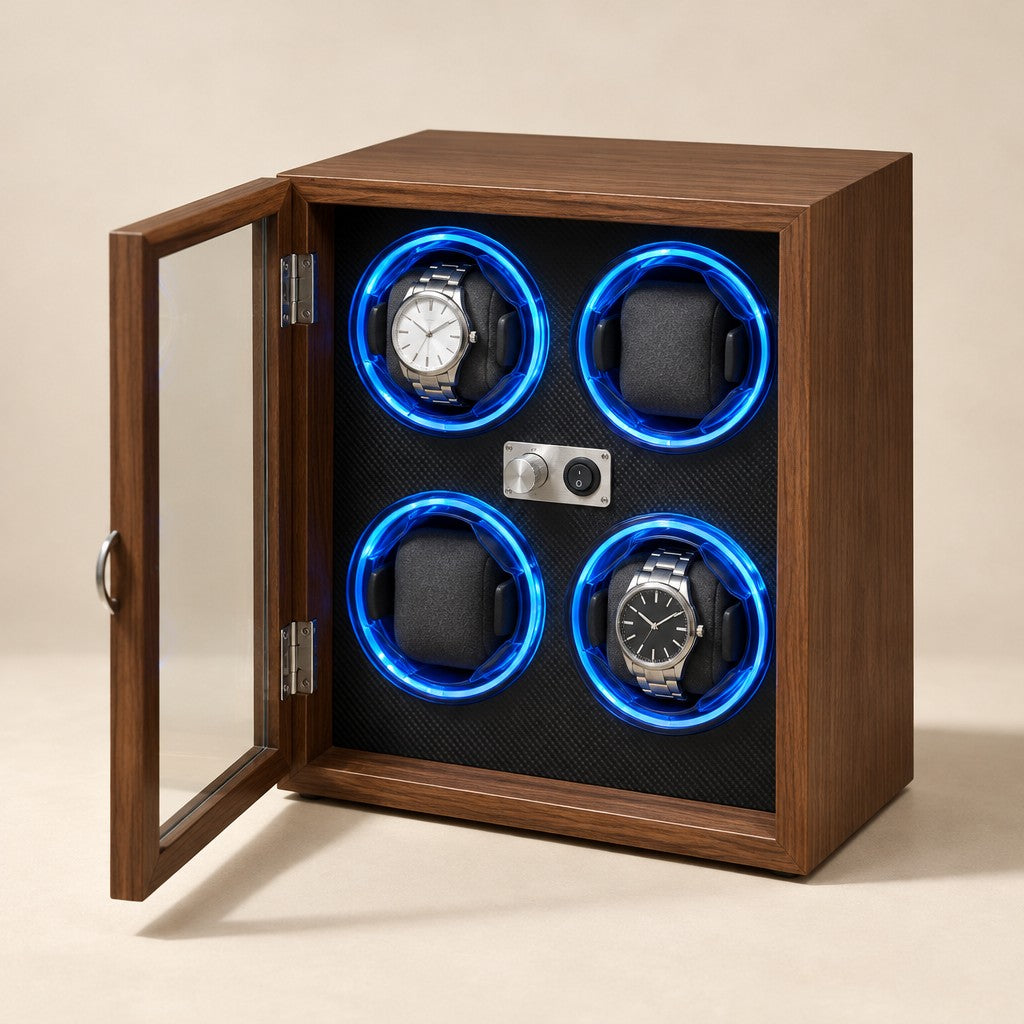 Black walnut-finish 4-watch winder cabinet with the glass door open and two watches
