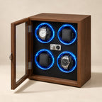 Black walnut-finish 4-watch winder cabinet with the glass door open and two watches