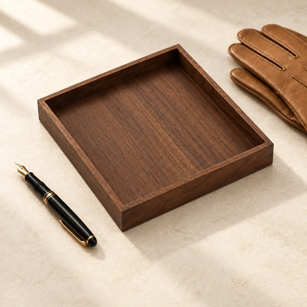 Empty black walnut valet tray beside a fountain pen and leather gloves