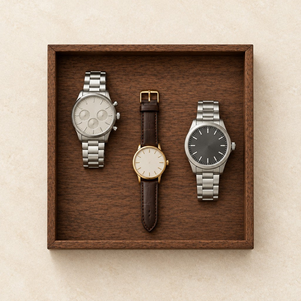 Top view of the walnut tray with a 36 mm, a 42 mm and a 45 mm watch