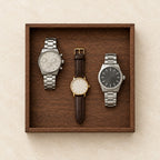 Top view of the walnut tray with a 36 mm, a 42 mm and a 45 mm watch