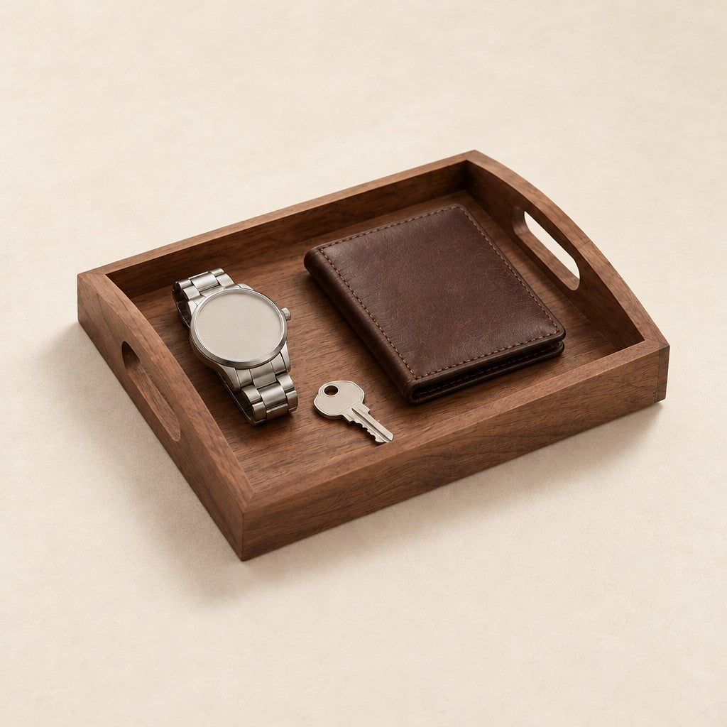 Black walnut valet tray with handles, in the 9.8 × 7.1 in size