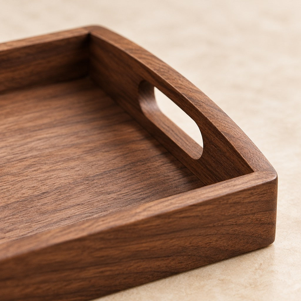 Black walnut valet tray with handles, close-up of the materials and finish