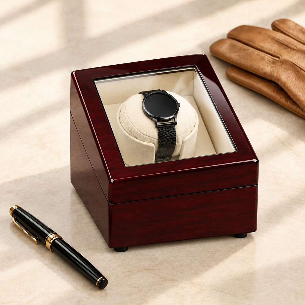 Burgundy watch winder beside a fountain pen and leather gloves