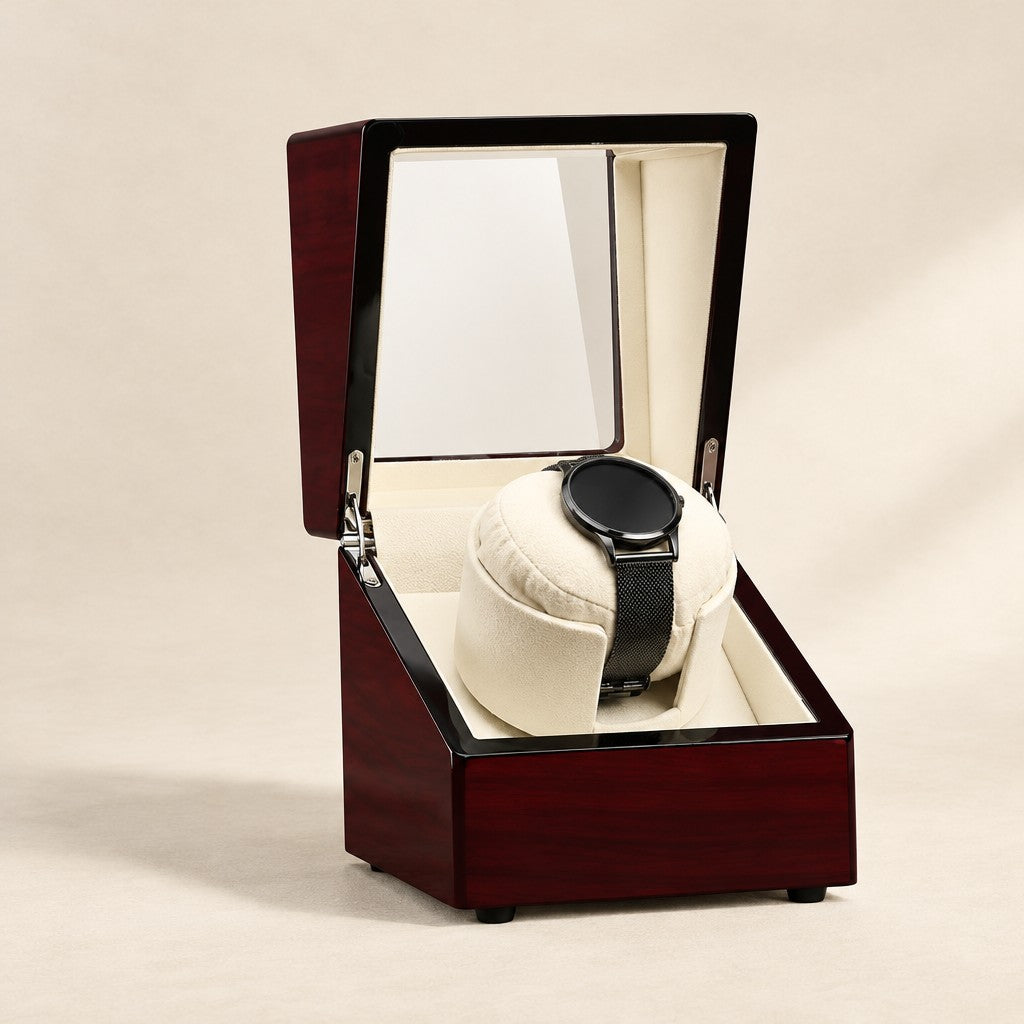 Burgundy lacquer single watch winder, lid open, watch on the pillow