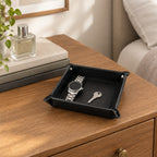 Faux leather valet tray on a chest of drawers, for scale