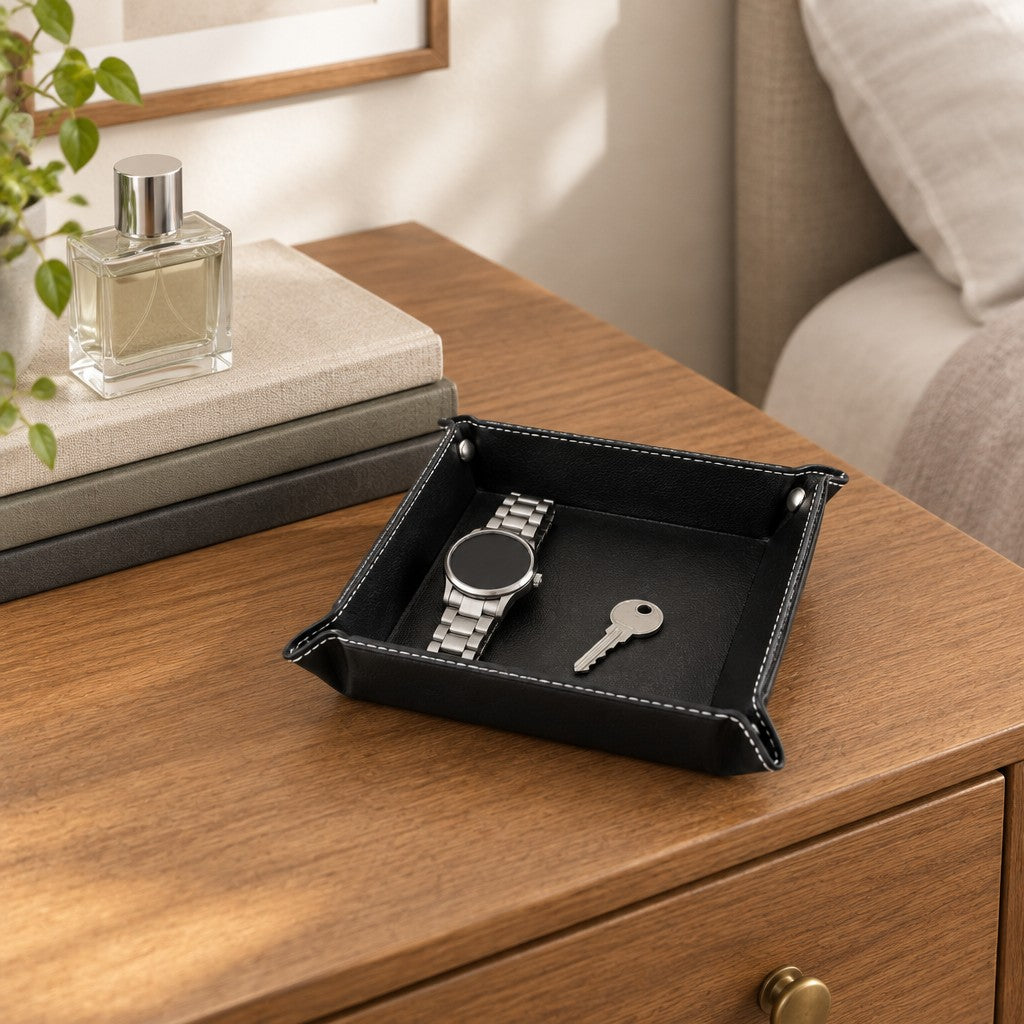 Faux leather valet tray on a chest of drawers, for scale
