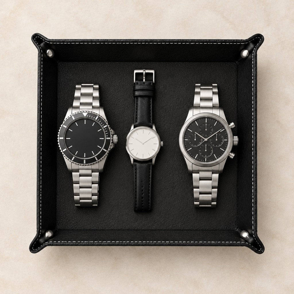 Top view of the valet tray with a 36 mm, a 42 mm and a 45 mm watch