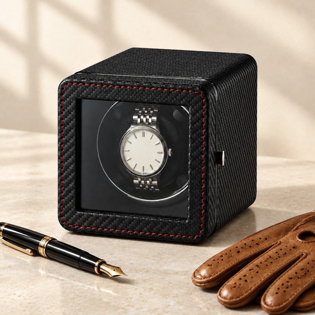 Compact watch winder beside a fountain pen and leather gloves
