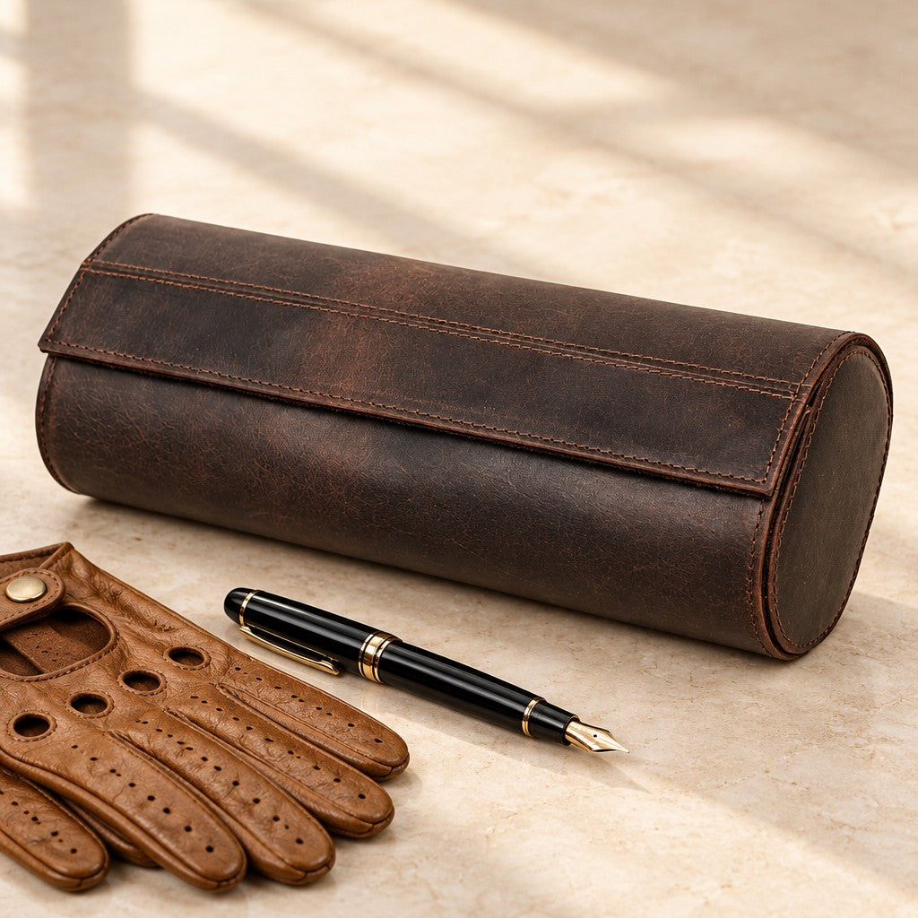 Crazy horse leather watch roll closed, beside a fountain pen and leather gloves