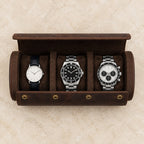 Top view of the open crazy horse leather watch roll with watches of different sizes