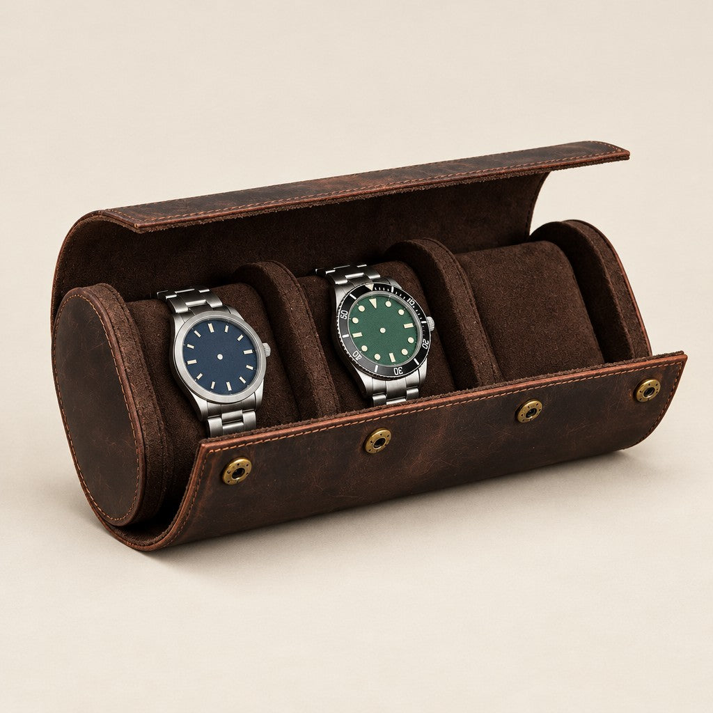 Crazy horse leather watch roll open, watches on its pillows