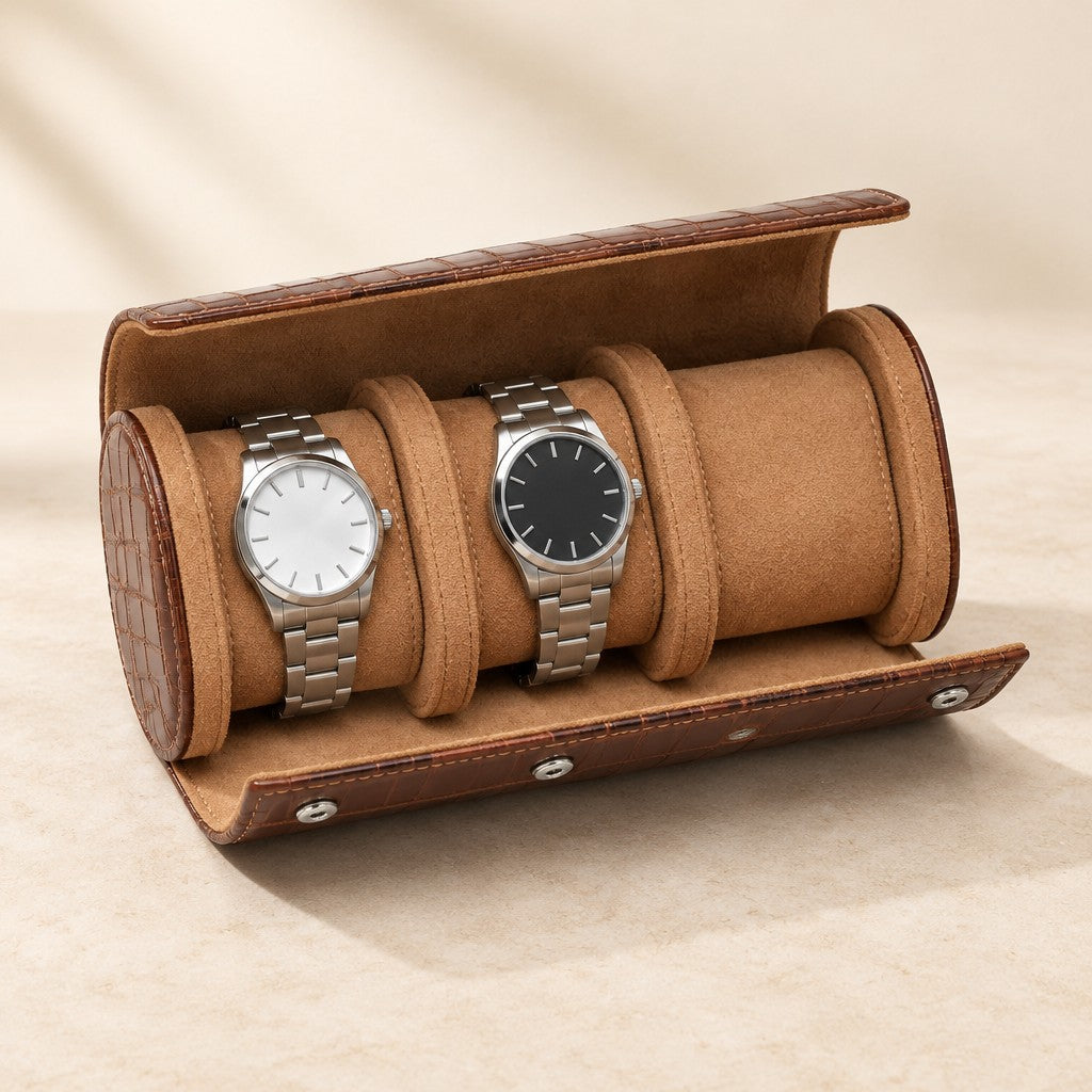 Brown croco-embossed watch roll open with two watches on its pillows