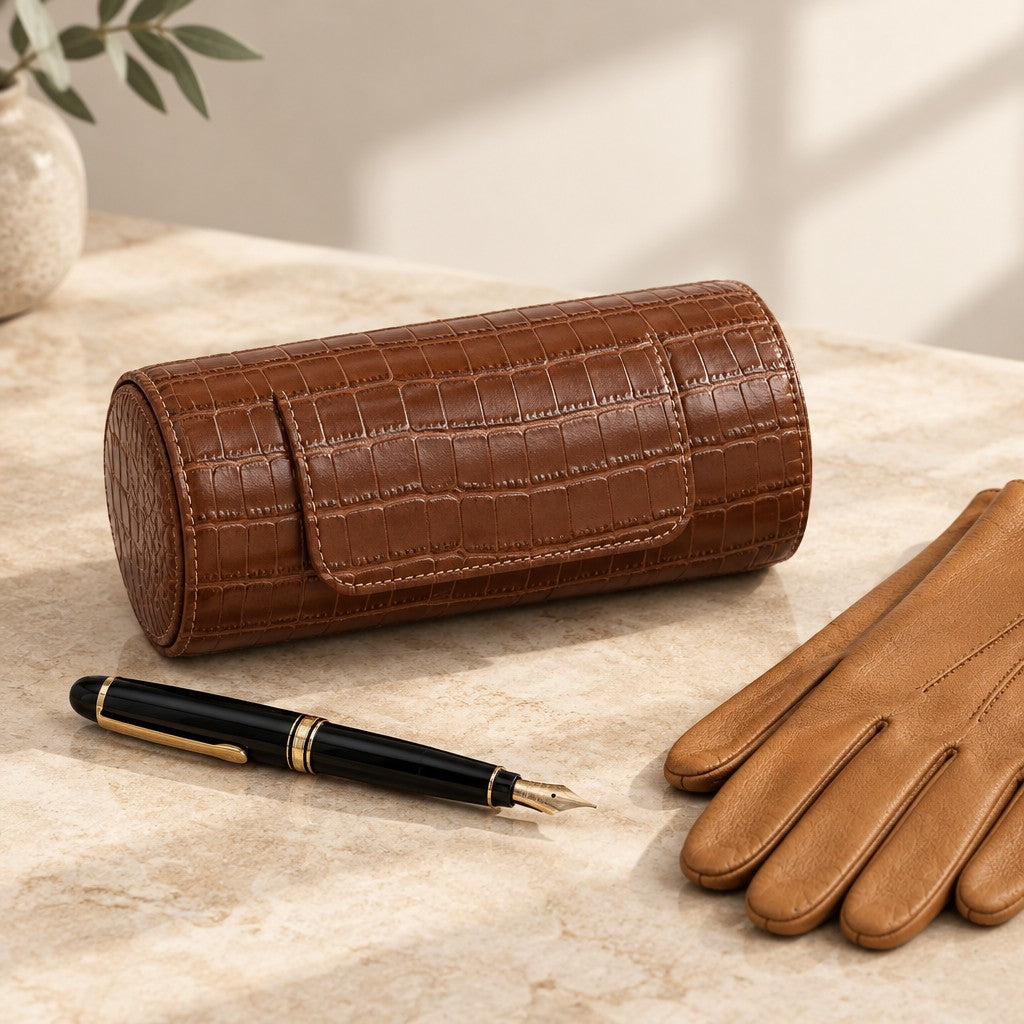 Closed brown croco-embossed watch roll beside a fountain pen and leather gloves