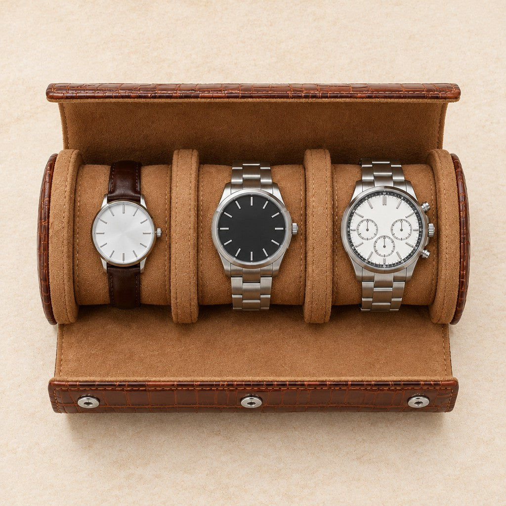 Top view of the 3-slot roll with a 36 mm, a 42 mm and a 45 mm watch
