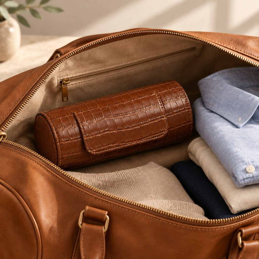 Closed croco-embossed watch roll in a weekender bag beside folded shirts