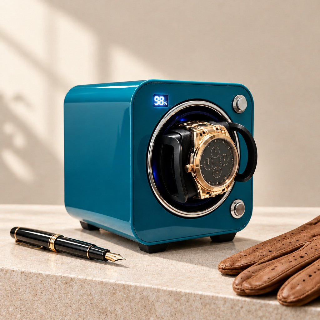 Cube watch winder beside a fountain pen and leather gloves