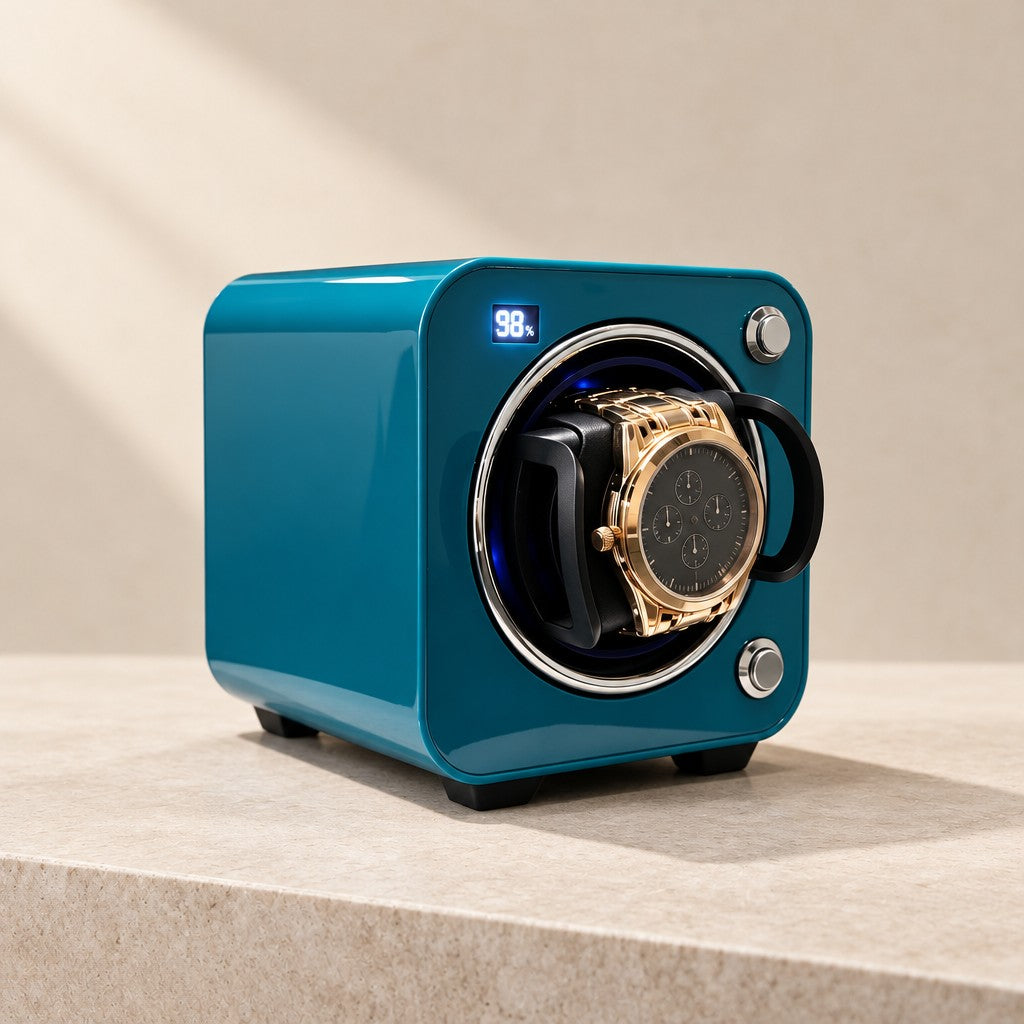 Blue cube single watch winder with a digital display