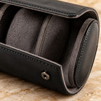Close-up of the soft gray lining, a snap stud and the stitched end cap